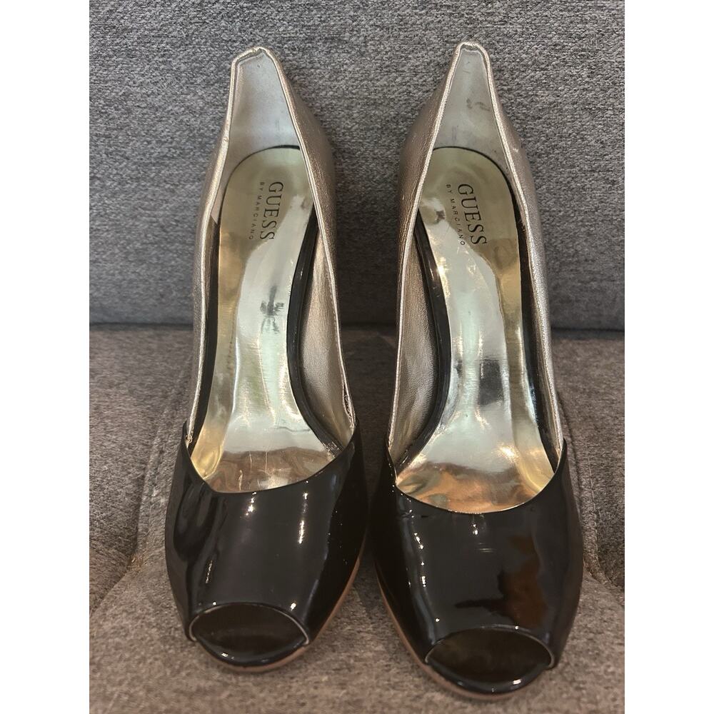 Guess Shiny Gold and Black Leather Heels size 9M